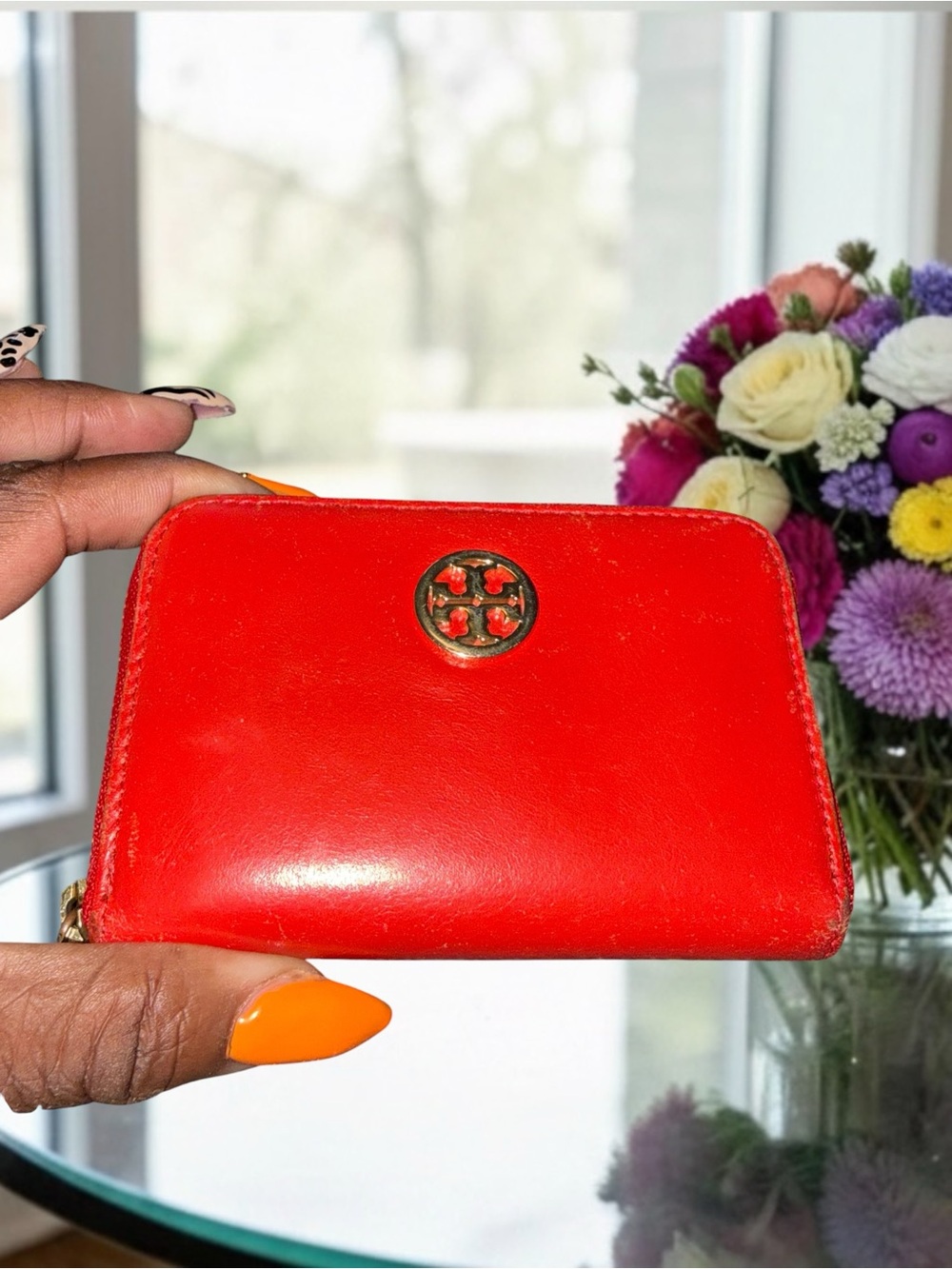 Tory Burch Red Leather Small Zip Around Wallet